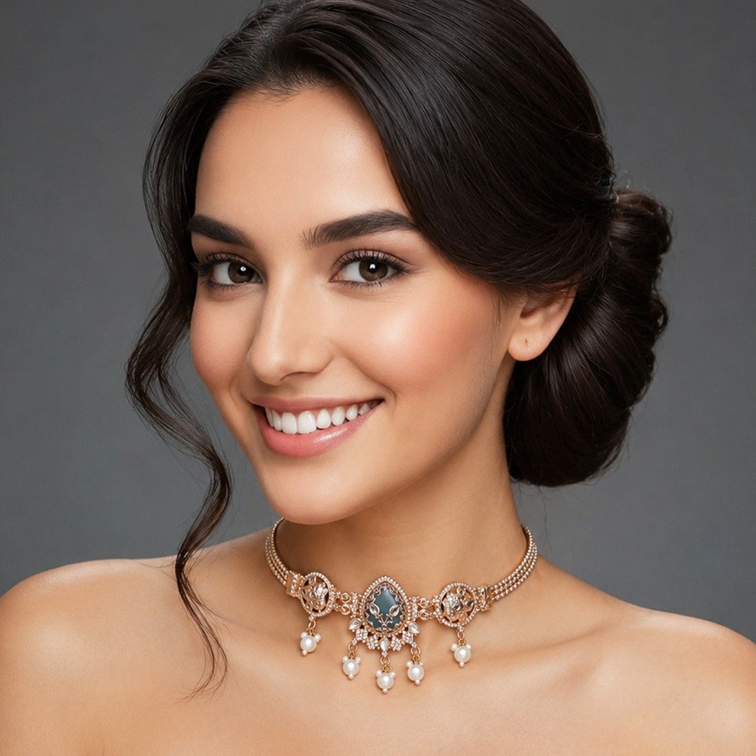 Gold-Plated Sea Green Kundan Choker Necklace with Pearl Droplets