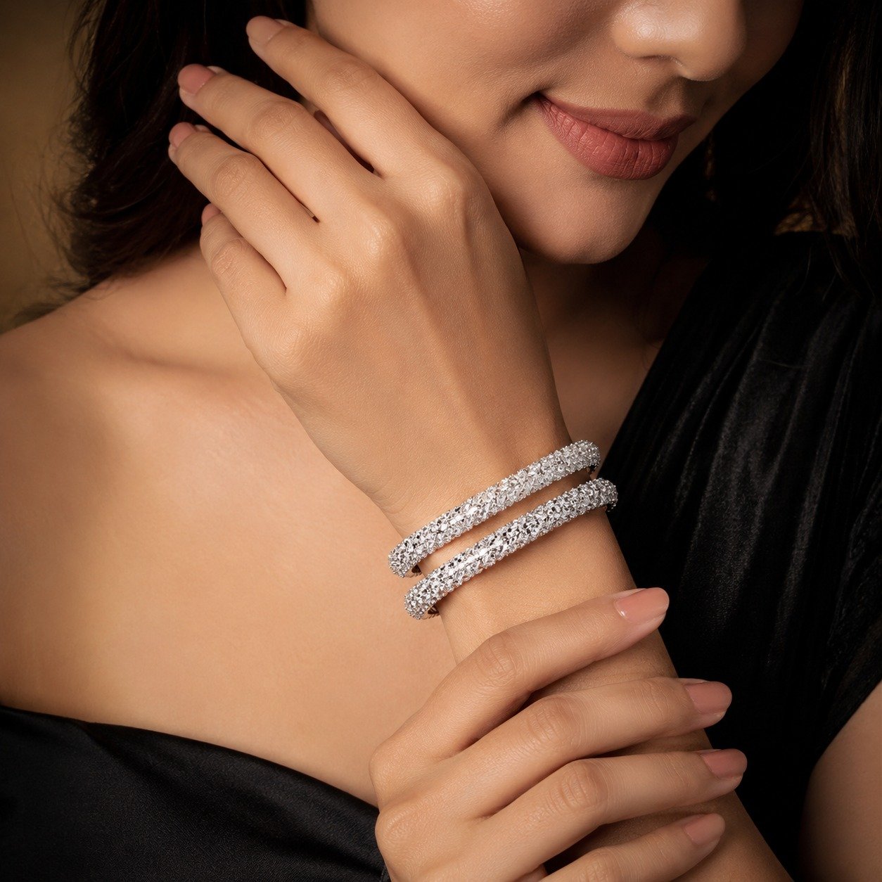 Sparkling Silver-Plated American Diamond Bangle Set