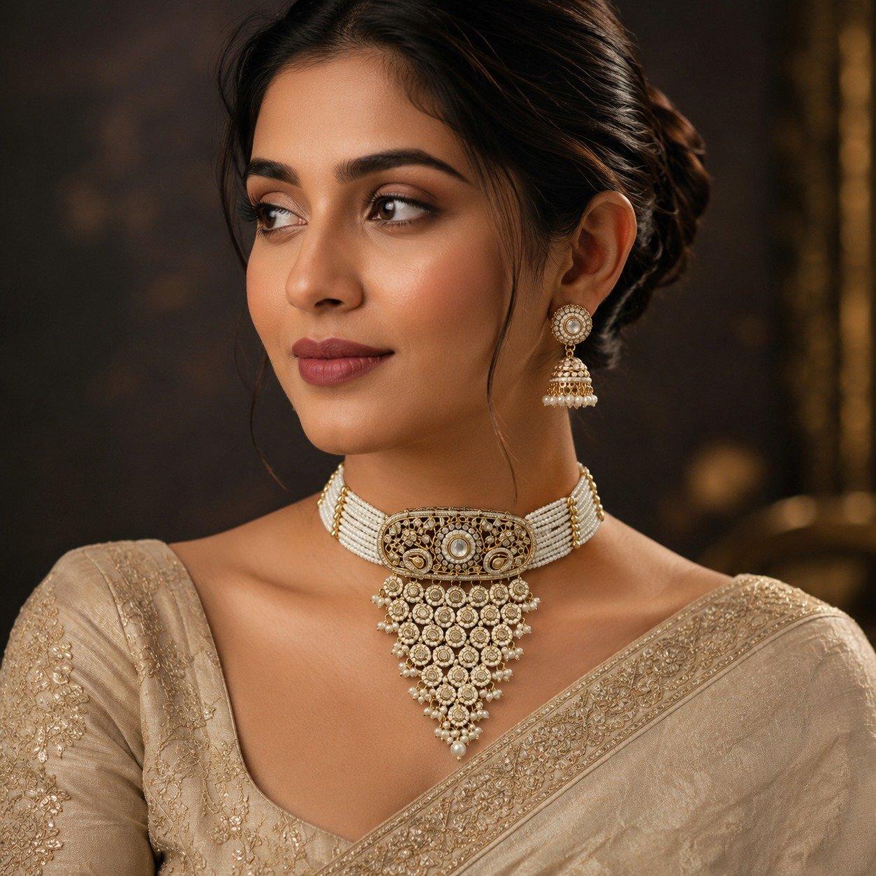 Royal Kundan & Pearl Choker Necklace Set with Matching Jhumkas