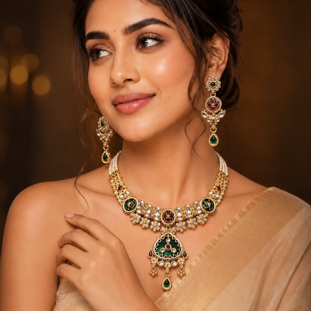 Antique Gold-Plated Kundan & Meenakari Necklace Set with Matching Earrings