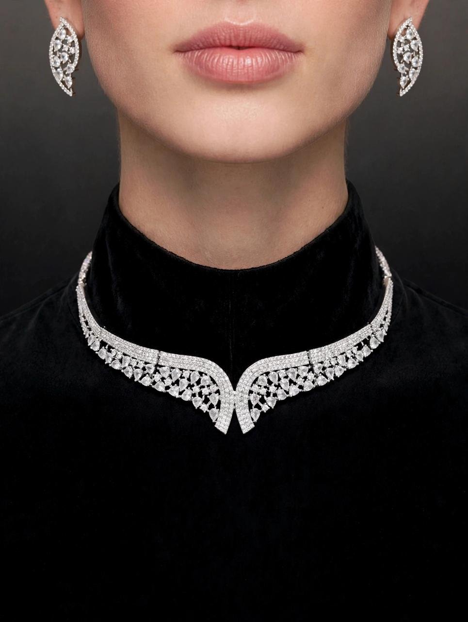 Elegant Silver Leaf Cutwork AD Necklace Set