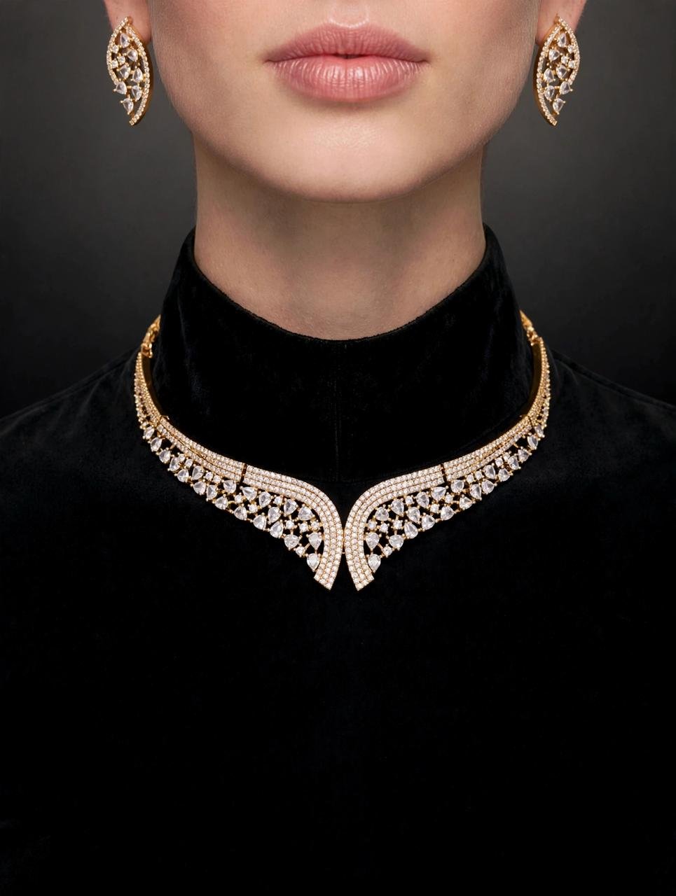 Royal Golden Leaf Cutwork AD Necklace Set