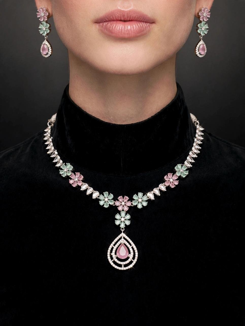 Pink & Mint Floral AD Necklace Set with Earrings