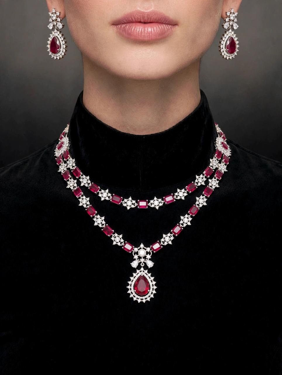 Premium Ruby Red AD Double Layer Necklace Set with Earrings