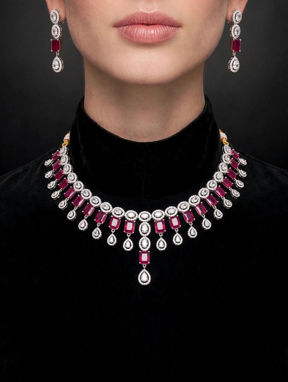 Premium Ruby Red AD Necklace Set with Earrings