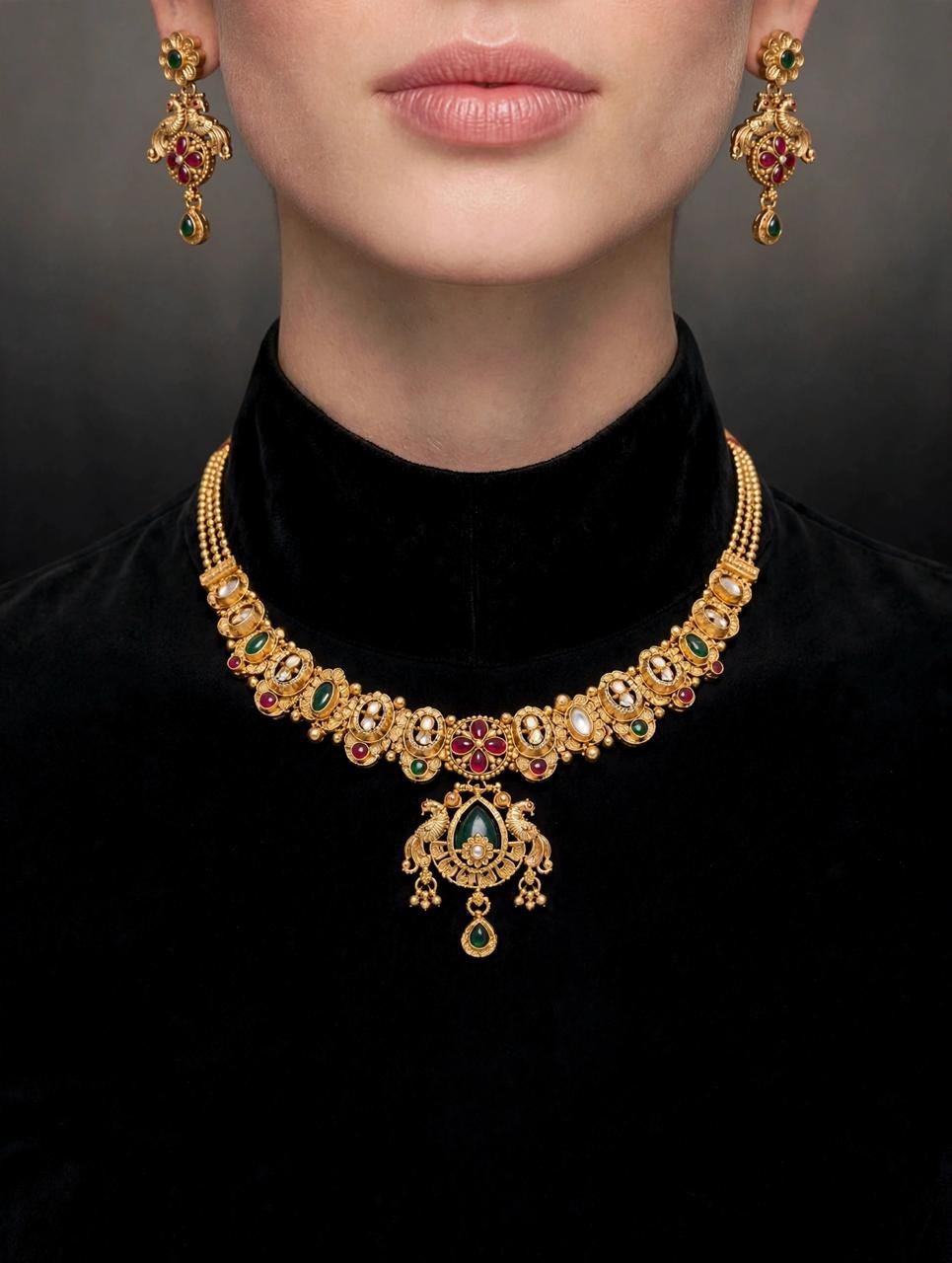 Rajwadi meenakari necklace set- Emerald & Ruby