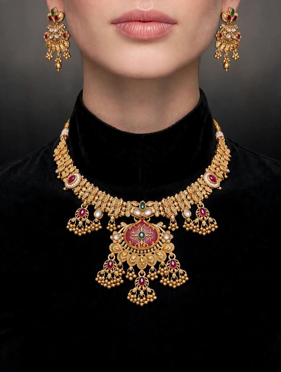 Traditional Gold Plated Kundan Necklace Set with Red & Green Stones