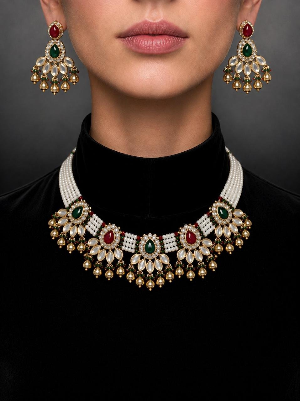 Royal Kundan Pearl Green & Ruby Necklace Set