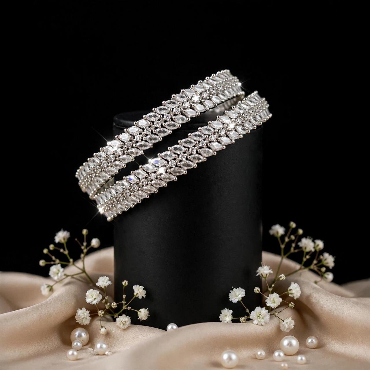 Leaf Marquise AD Silver Bangle Set