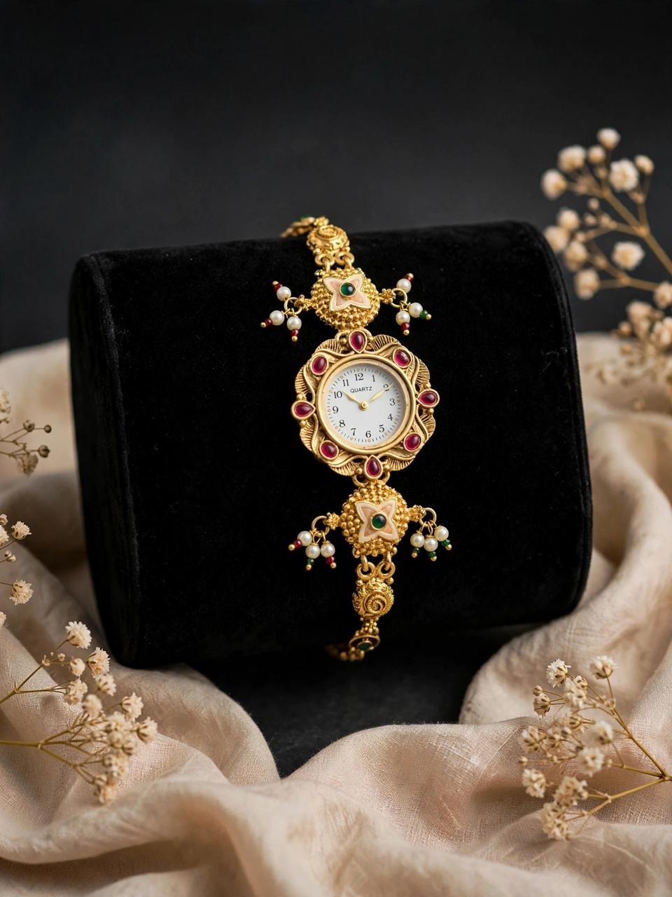 Rajwadi Kundan Pearl Latkan Bracelet Watch