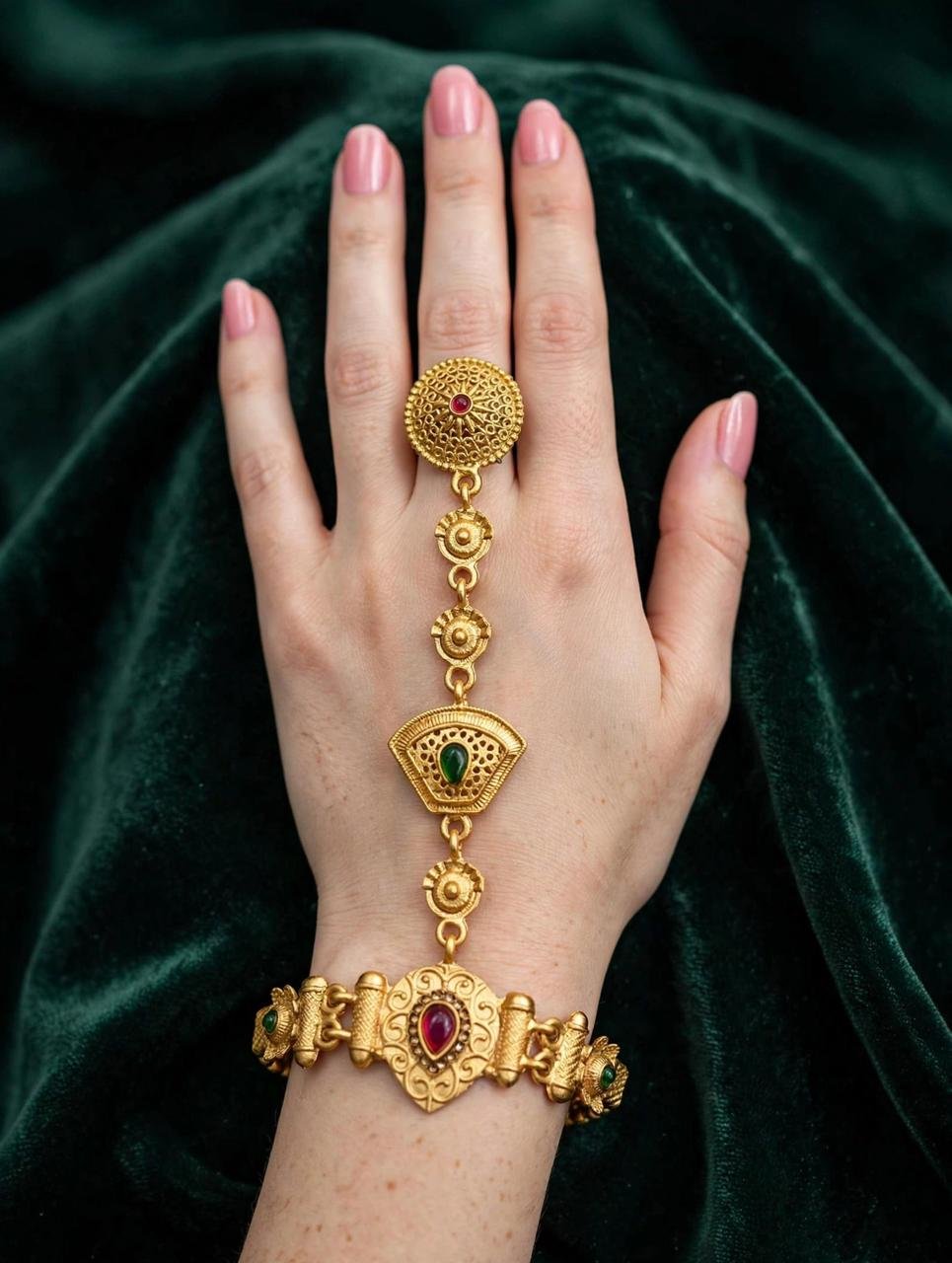 Ruby Green Kundan Hathphool