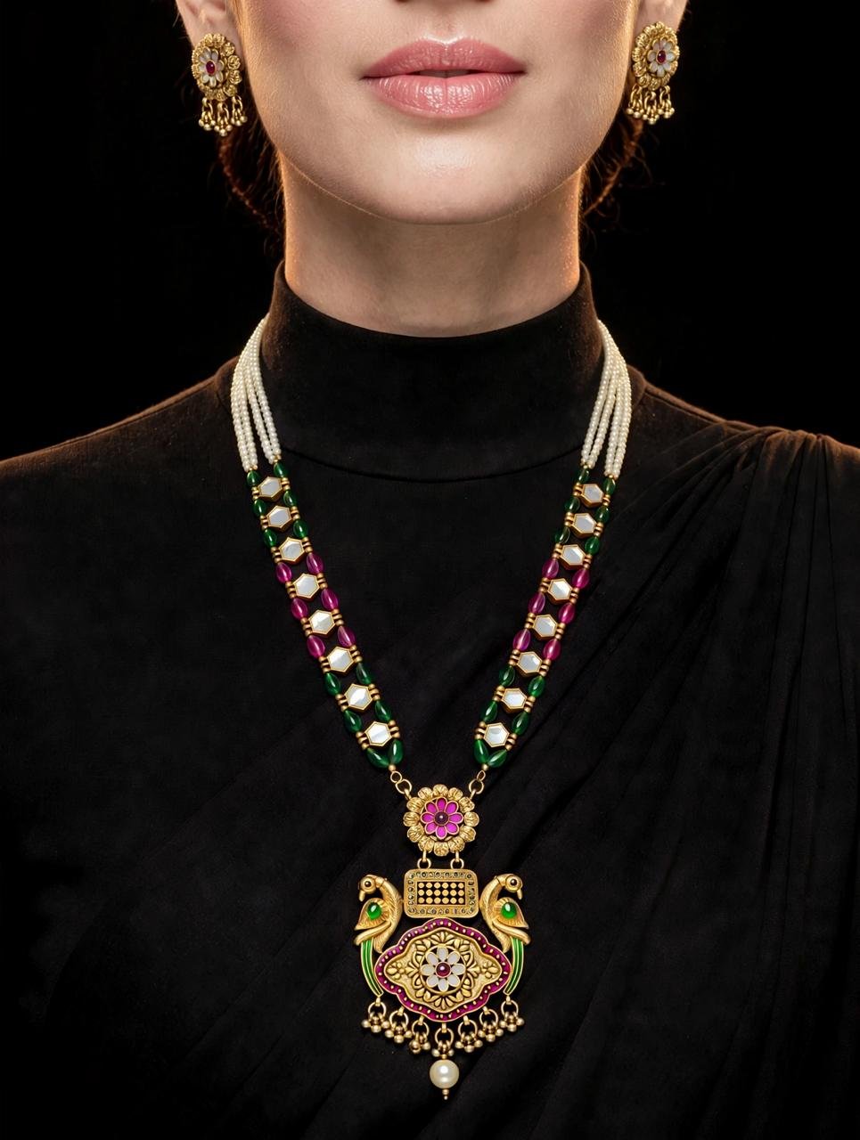 Peacock Motif Beaded Long Necklace Set