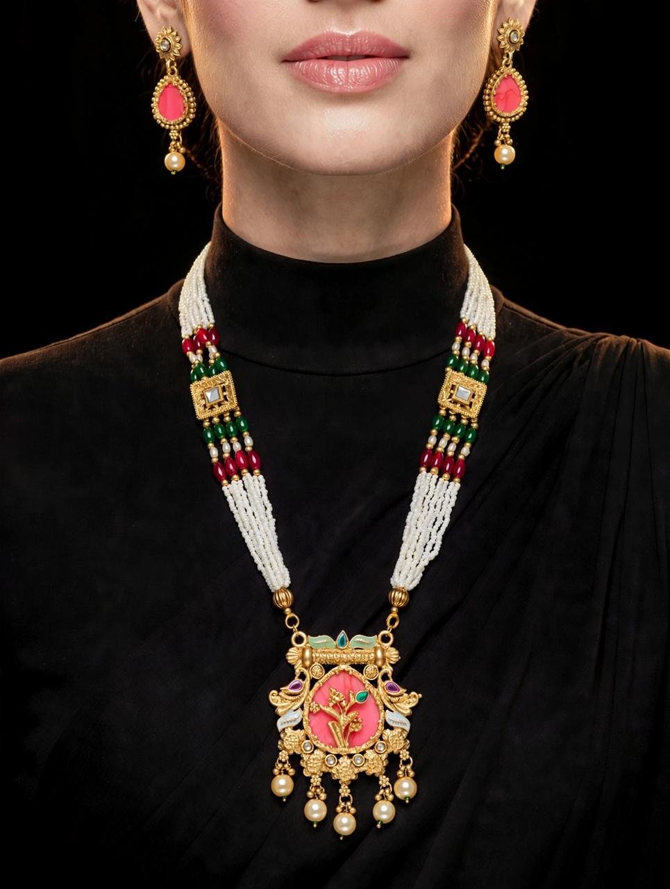 Pink Floral Pearl Long Necklace Set